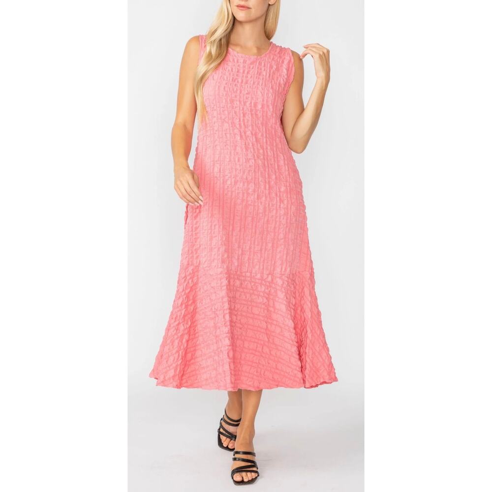IC Collection Textured Sleeveless Ruffle Hem Midi Dress in Rose Pink – Size S